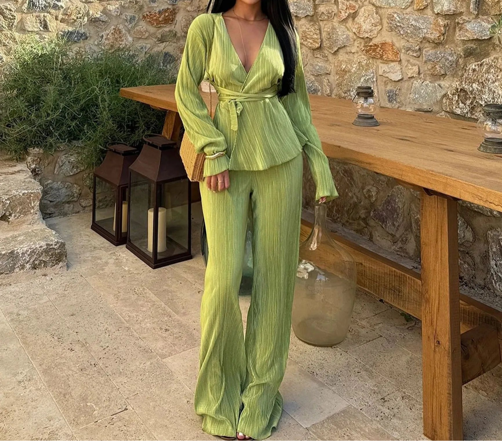 Ensemble Kimono Plissé Sexy Vert