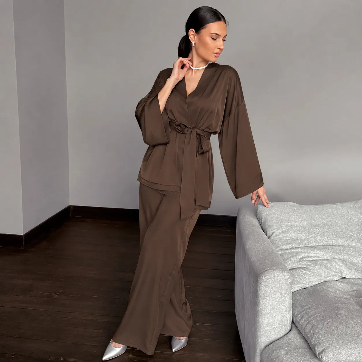 Ensemble Pyjama Kimono Ample Élégant Vert Marron