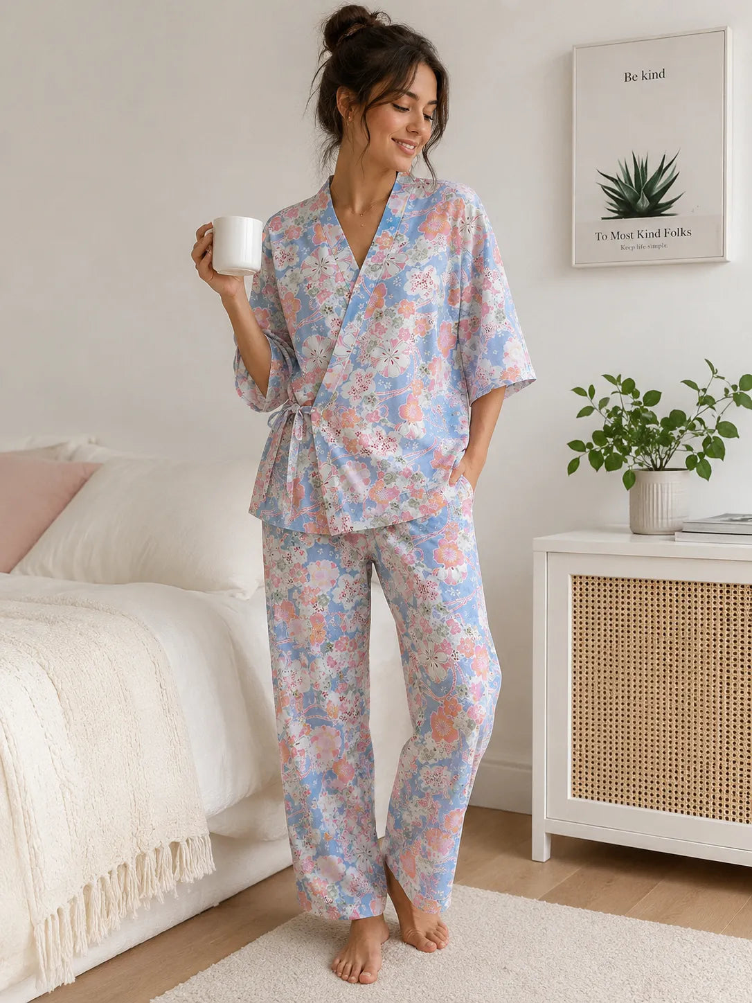 Ensemble Pyjama Kimono Bleu Motif Floral Léger