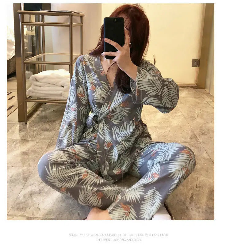 Ensemble Pyjama Kimono à Feuillages Soyeux