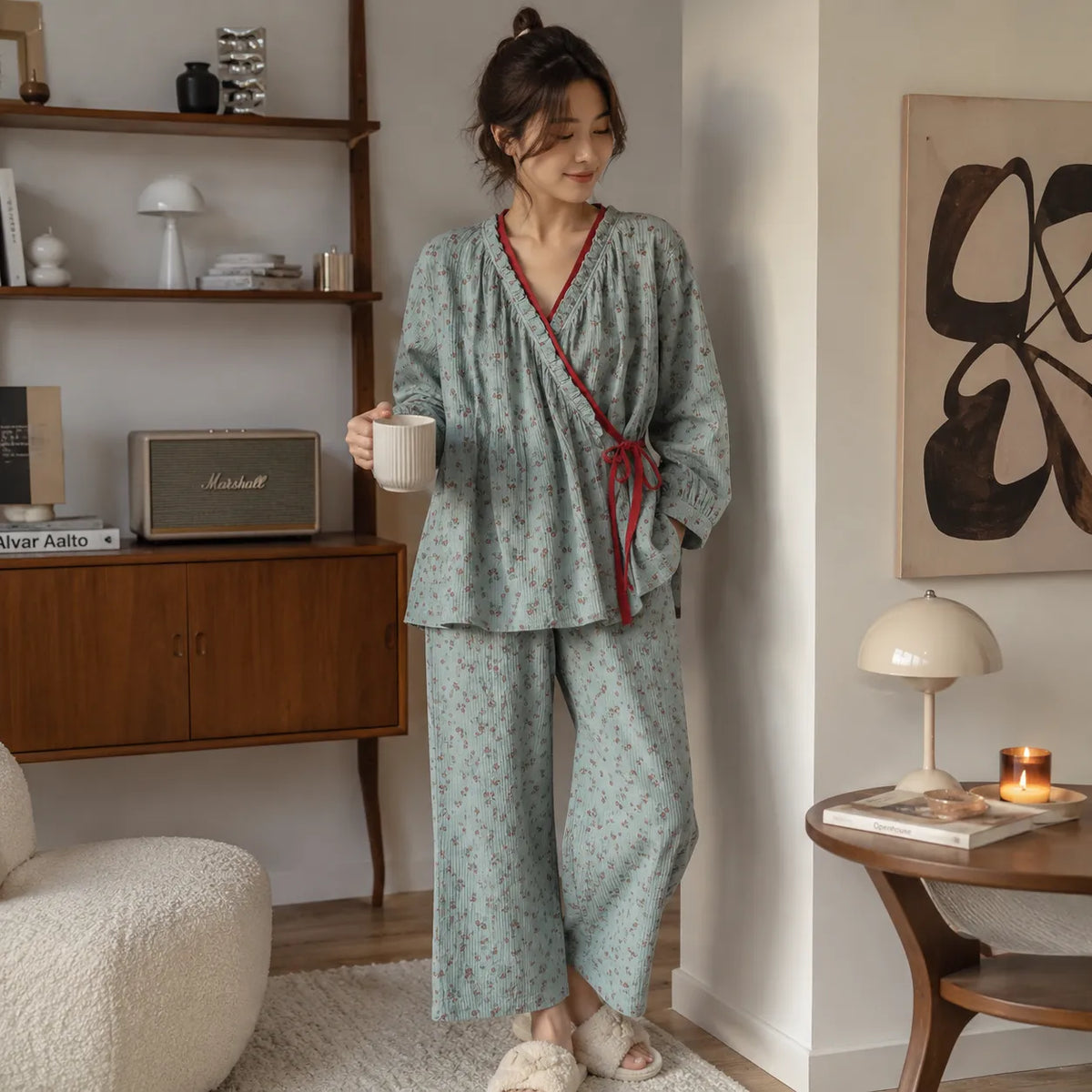 Ensemble Pyjama Kimono Rétro Léger Vert