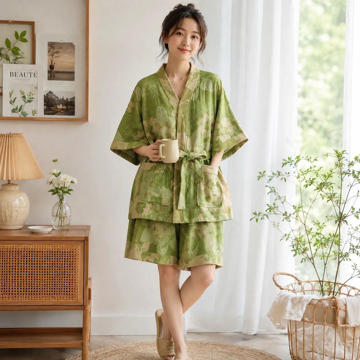 Ensemble Pyjama Short Vert Fleuri Léger