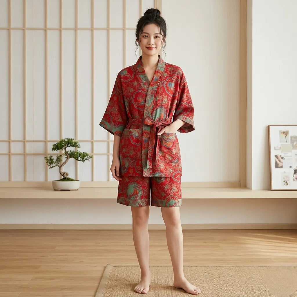 Ensemble Pyjama Short en Coton Rouge Porte Bonheur