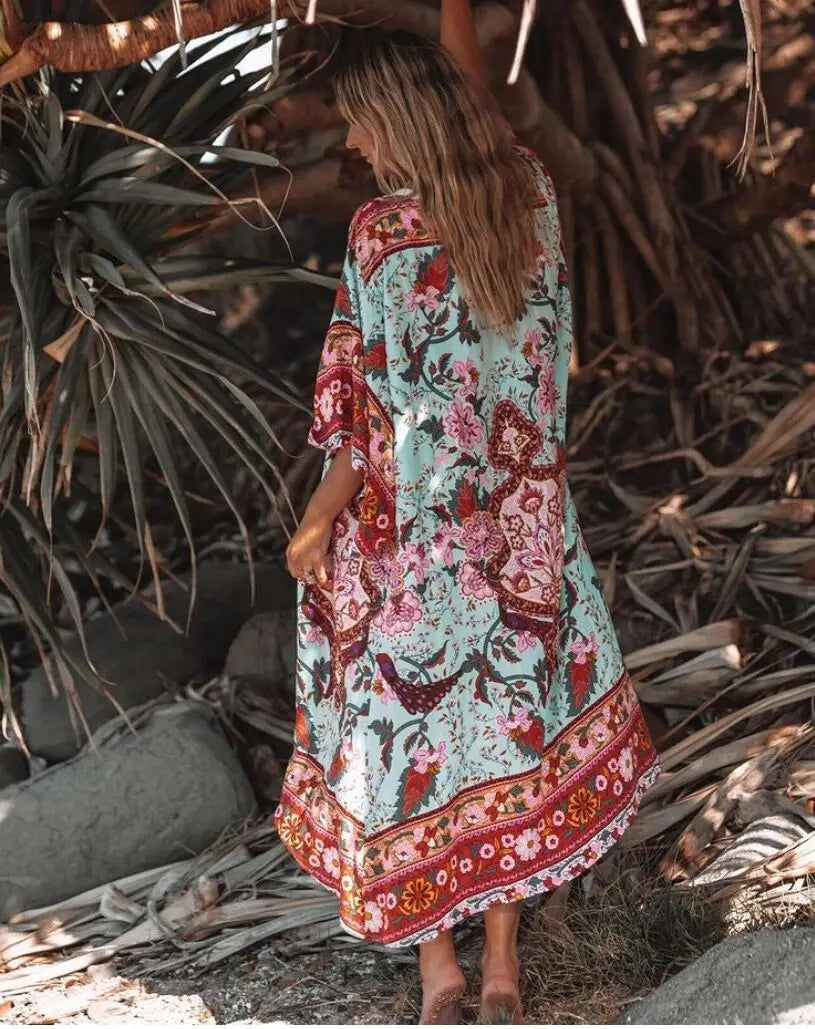 Kimono de Plage Vert Floral