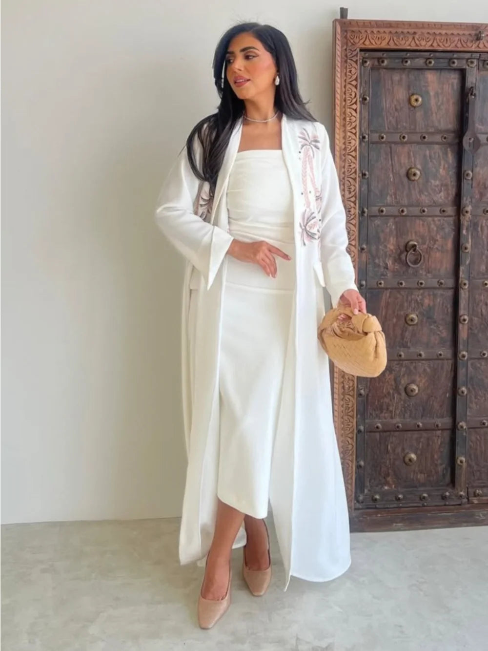 Kimono Abaya Blanc Brodé Luxueux fluide