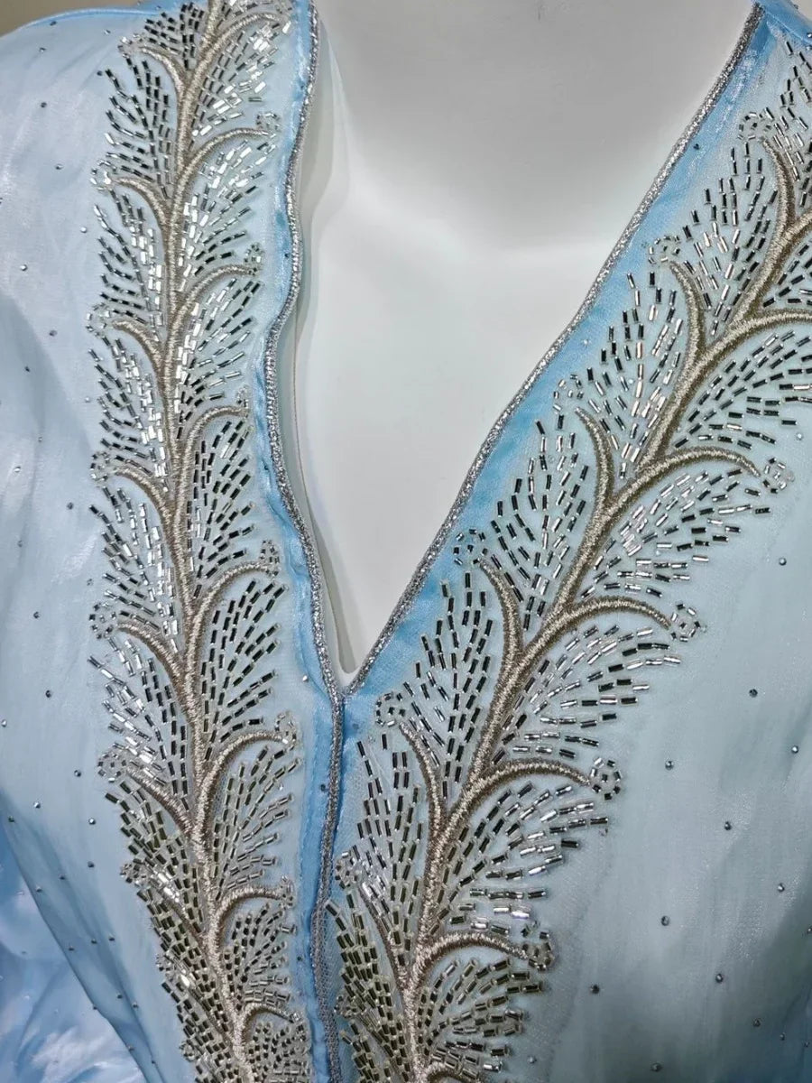 Kimono Abaya Bleu à Manches Bouffantes col V