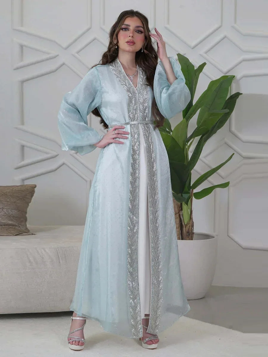 Kimono Abaya Bleu à Manches Bouffantes long