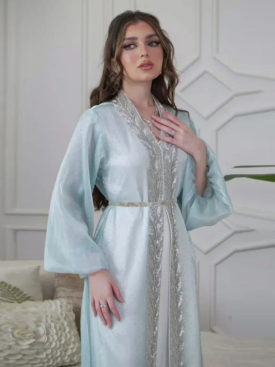 Kimono Abaya Bleu à Manches Bouffantes stylé