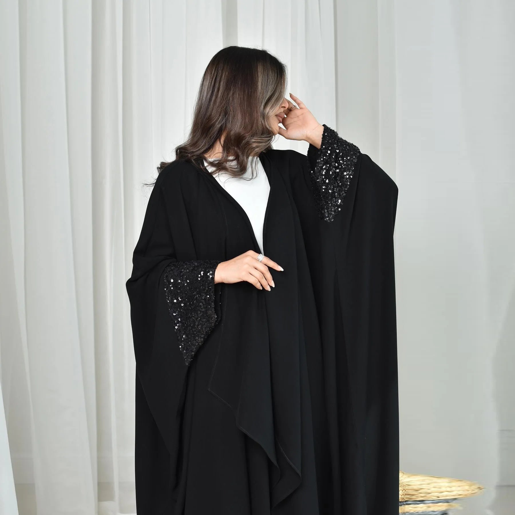 Kimono Abaya Noir à Sequins de qualité