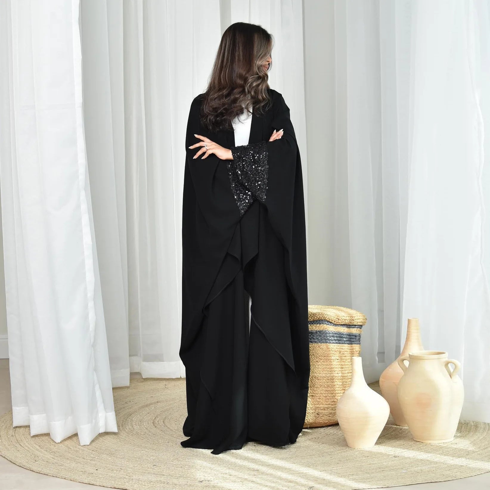Kimono Abaya Noir à Sequins fluide