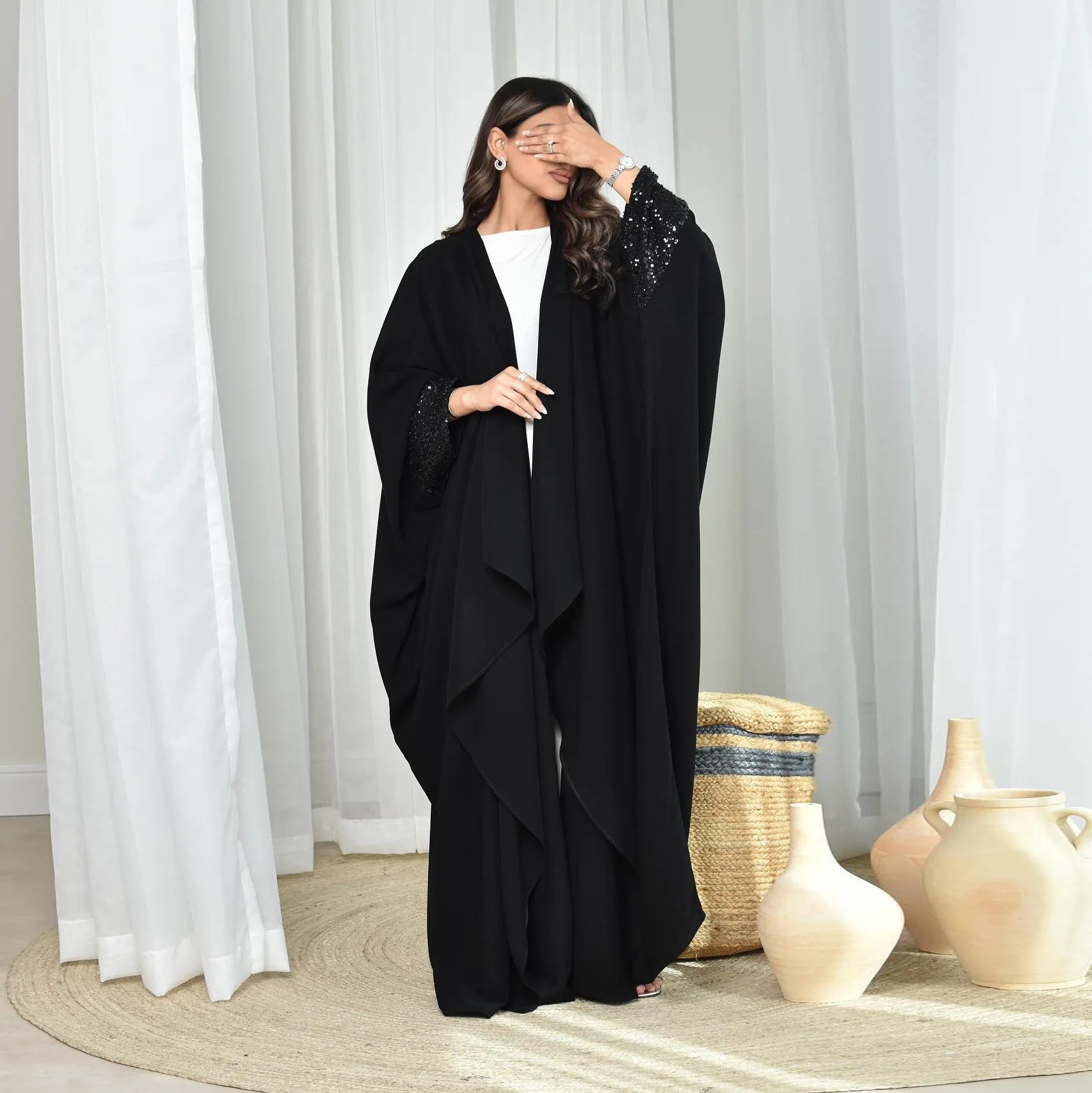 Kimono Abaya Noir à Sequins longs