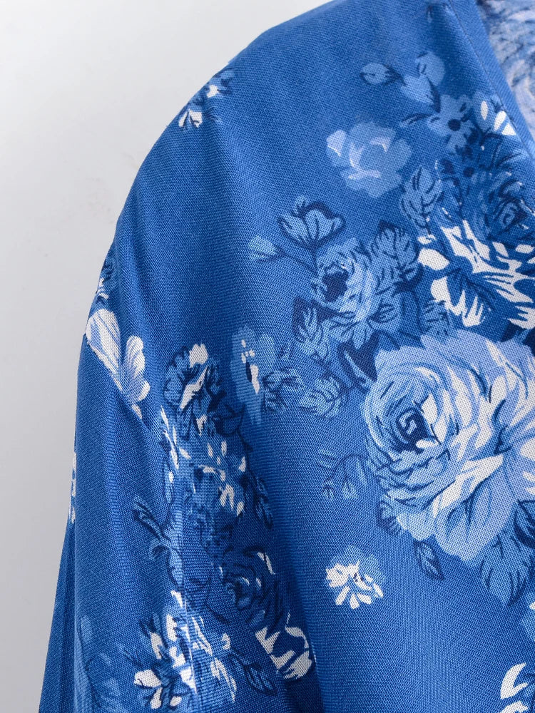 Kimono Court Boho Bleu à Fleurs Stylé