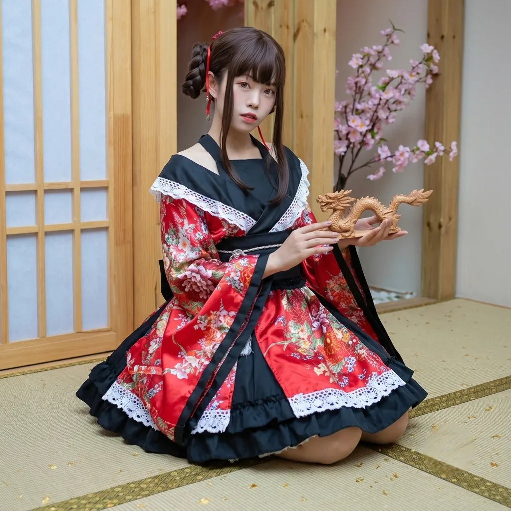 Kimono Court Japonais Lolita Rouge et Noir