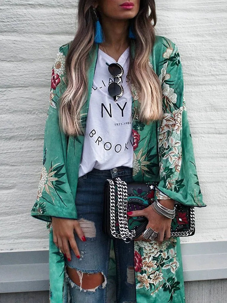 Kimono Fleuri Long à Fente Stylé