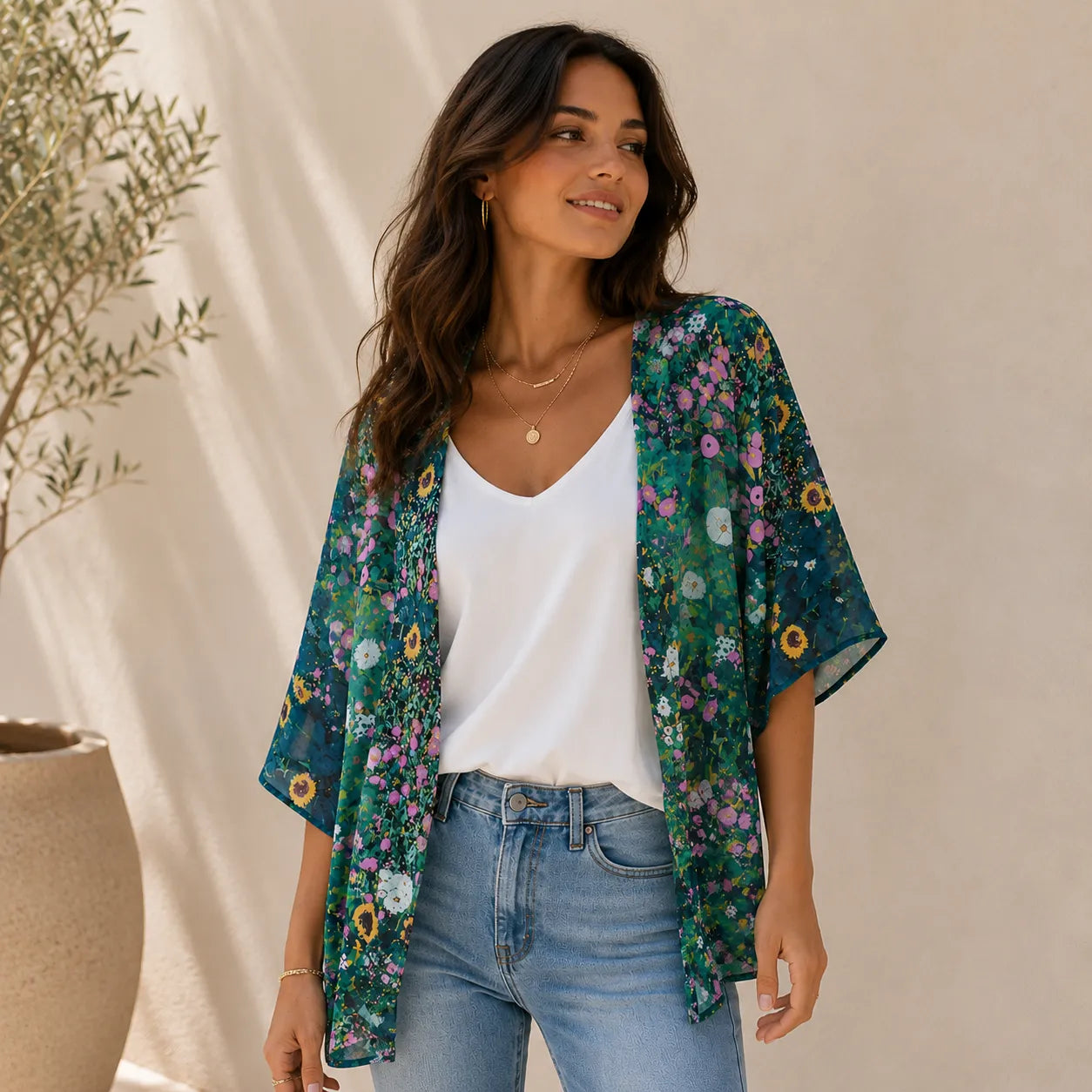 Kimono Fleuri Vert Léger
