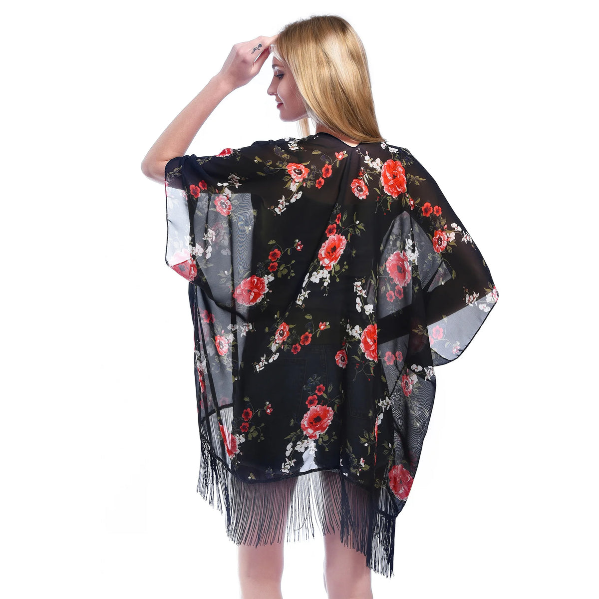 Kimono Mi Long Noir Fleuri Dos