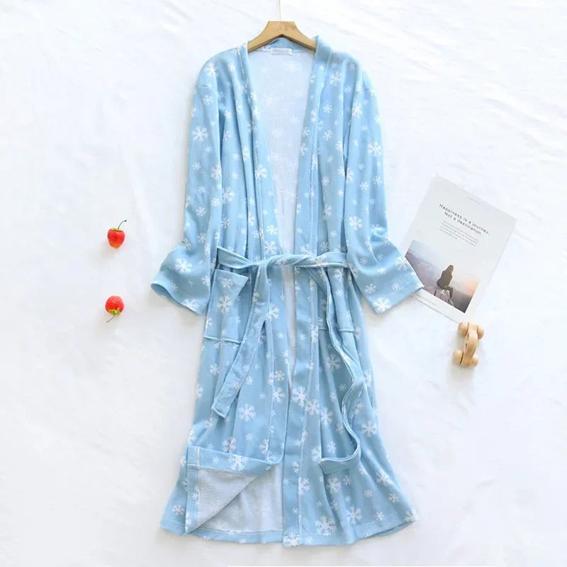Kimono de Nuit Bleu en Coton Léger Imprimé