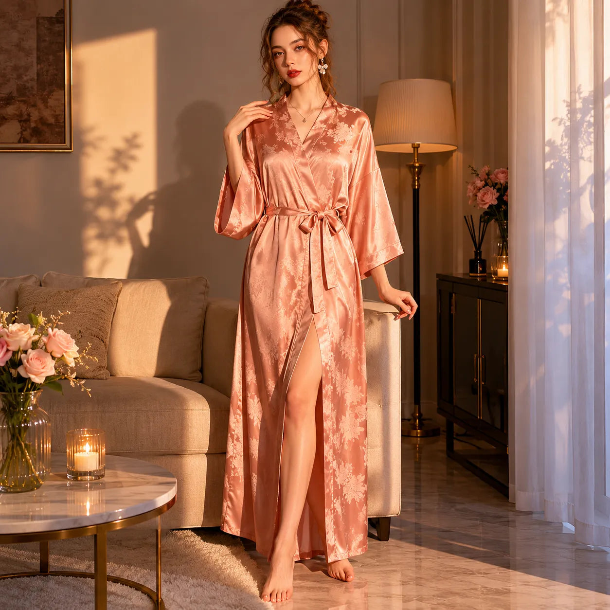 Kimono de Nuit Fleuri Jacquard 
