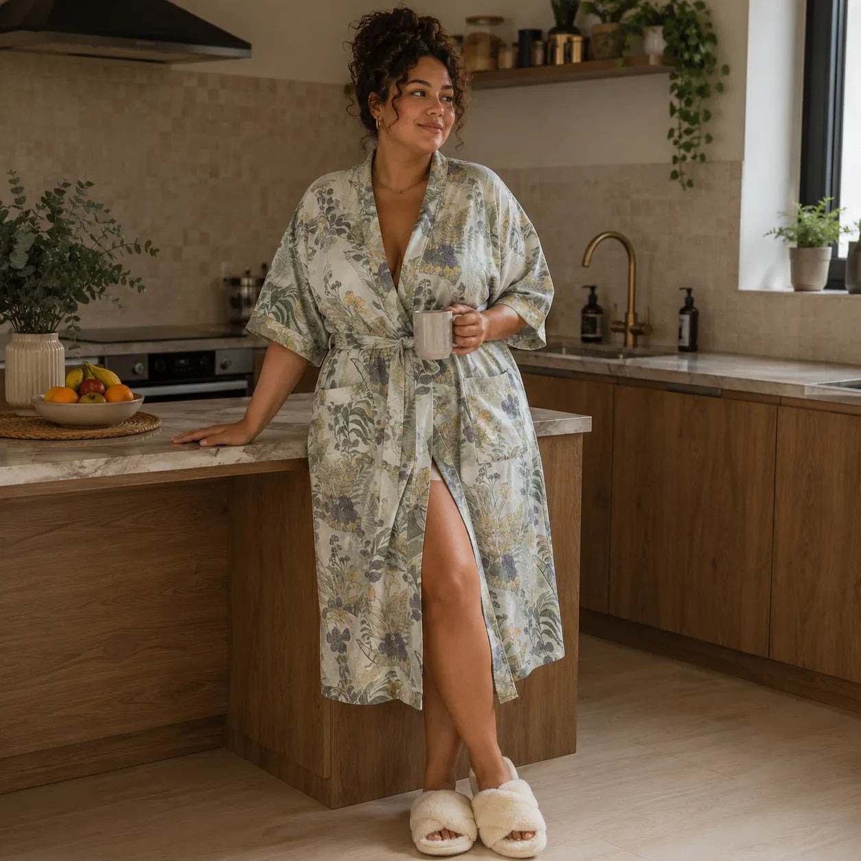 Kimono de Nuit en Coton à Motif Feuilles 