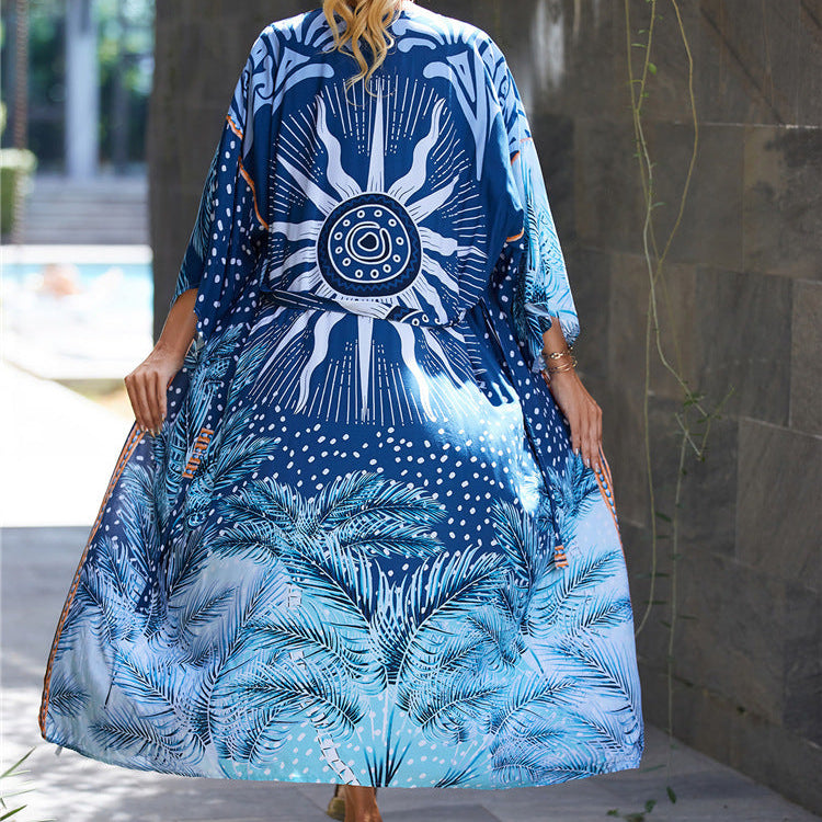 Kimono de Plage Bleu Motif Océan Femme