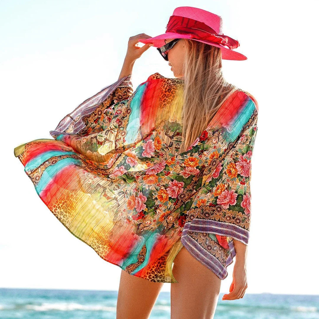 Kimono de Plage Court à Motifs Fleurs