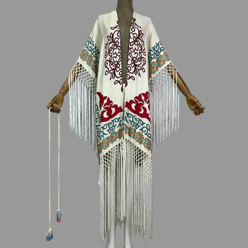 Kimono de Plage à Franges Blanc Imprimé Stylé