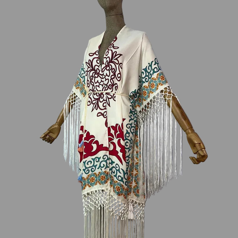 Kimono de Plage à Franges Blanc Imprimé Style