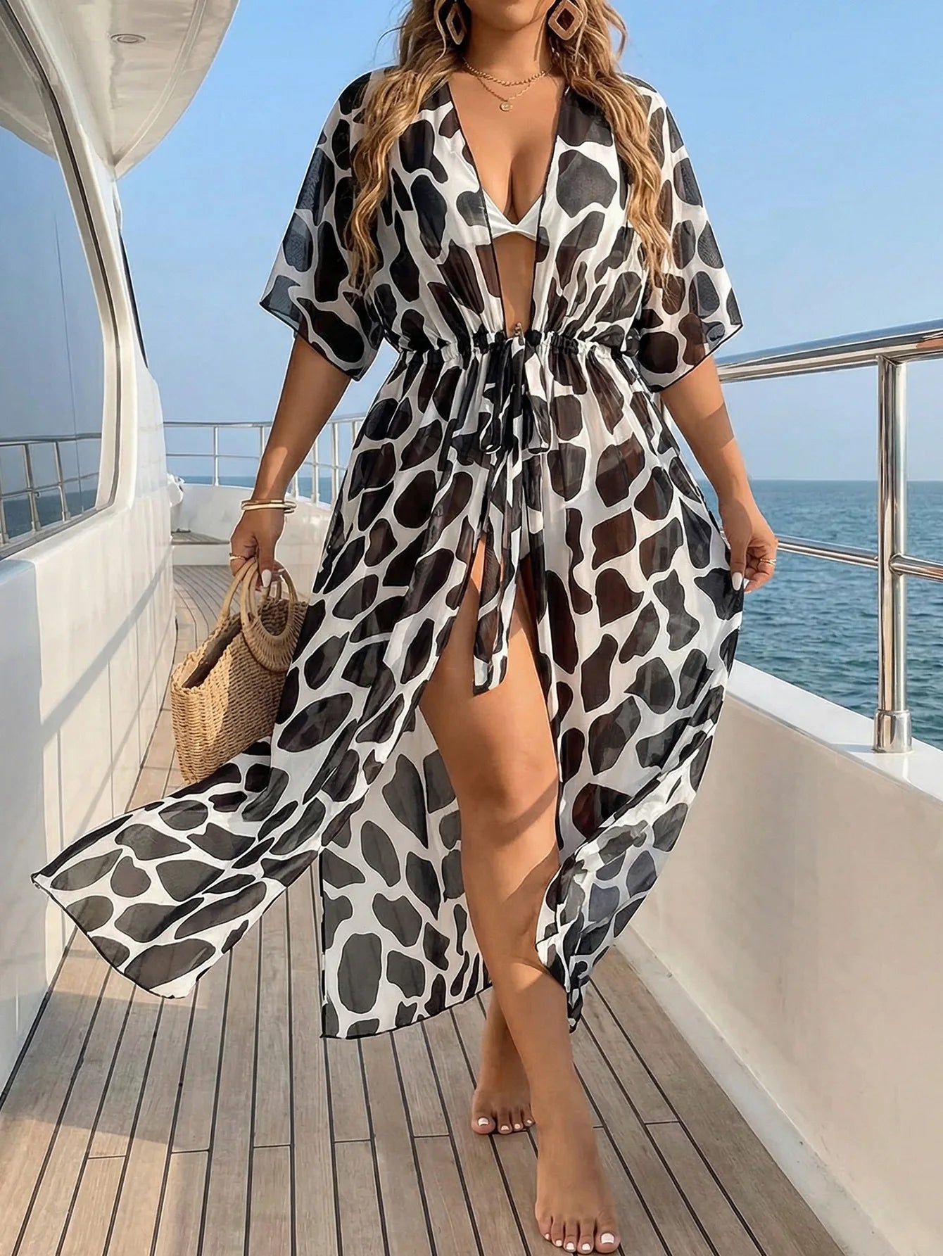 Kimono de Plage Long Noir et Blanc