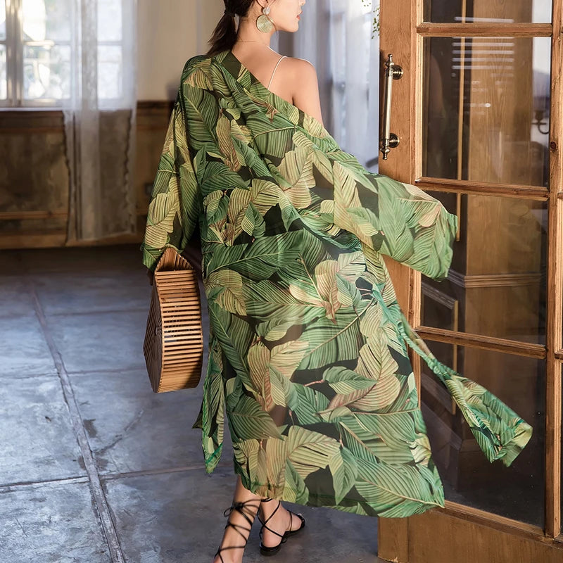 Kimono de Plage Vert à Feuillage  chic