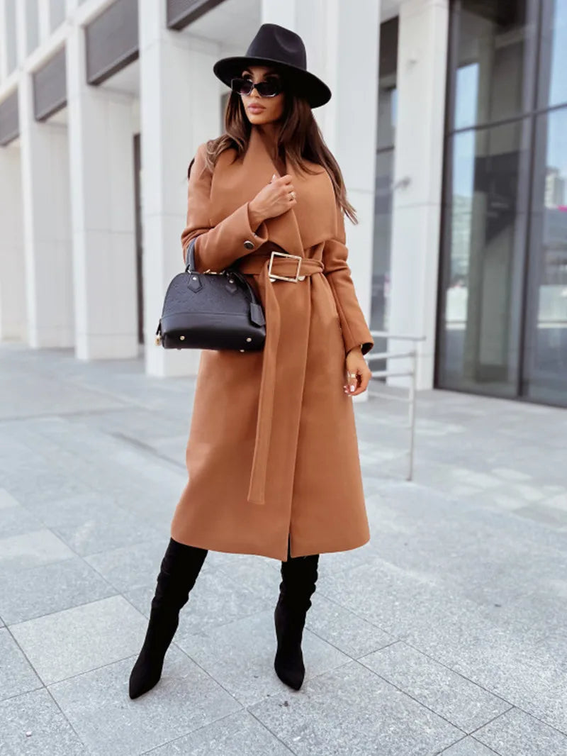 Manteau Ceinturé Marron Clair Stylé
