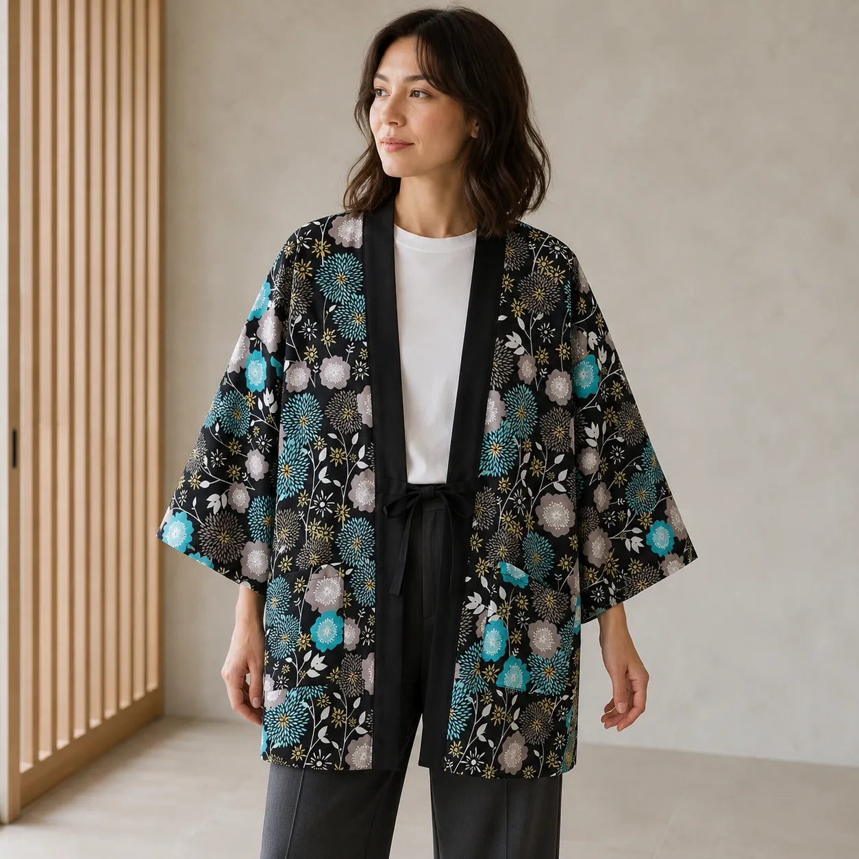 Manteau Kimono Fluide Bleu et Noir