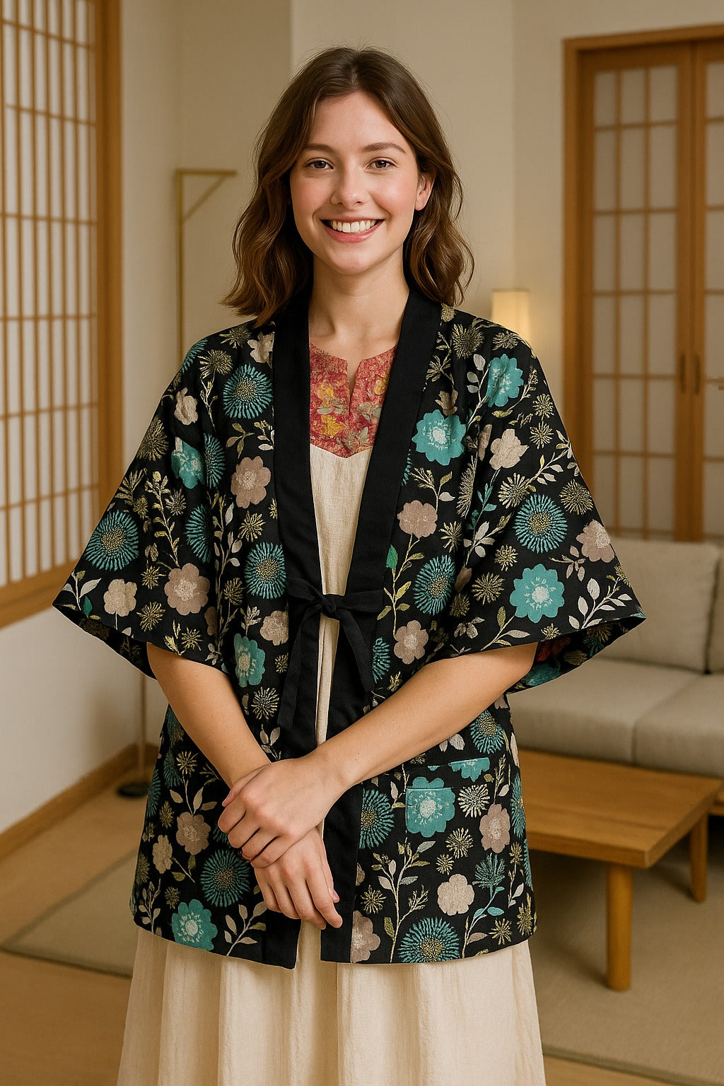 Manteau Kimono Fluide Bleu et Noir Design