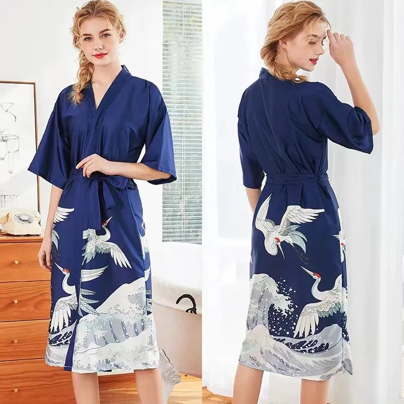 Peignoir Kimono Grues Bleu