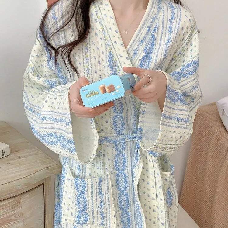 Peignoir Kimono Léger Bleu Vintage Rétro