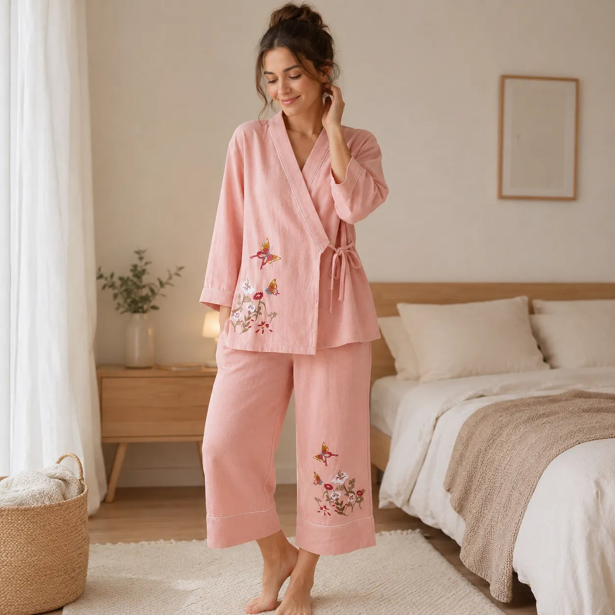 Pyjama Japonais Femme Brodé Rose Doux
