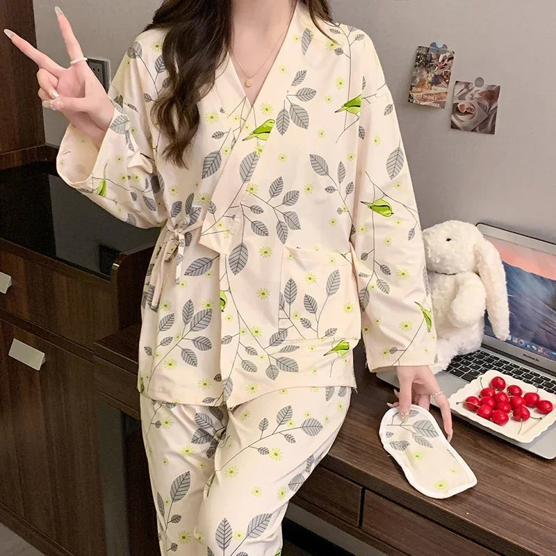 Pyjama Kimono Confortable à Feuillages Design