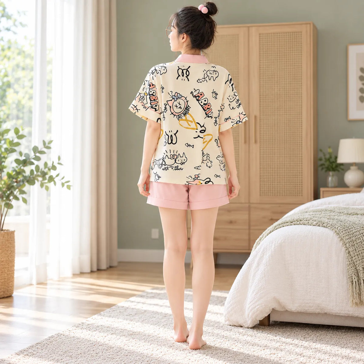 Pyjama Kimono Femme Chat Mignon Rose Dos