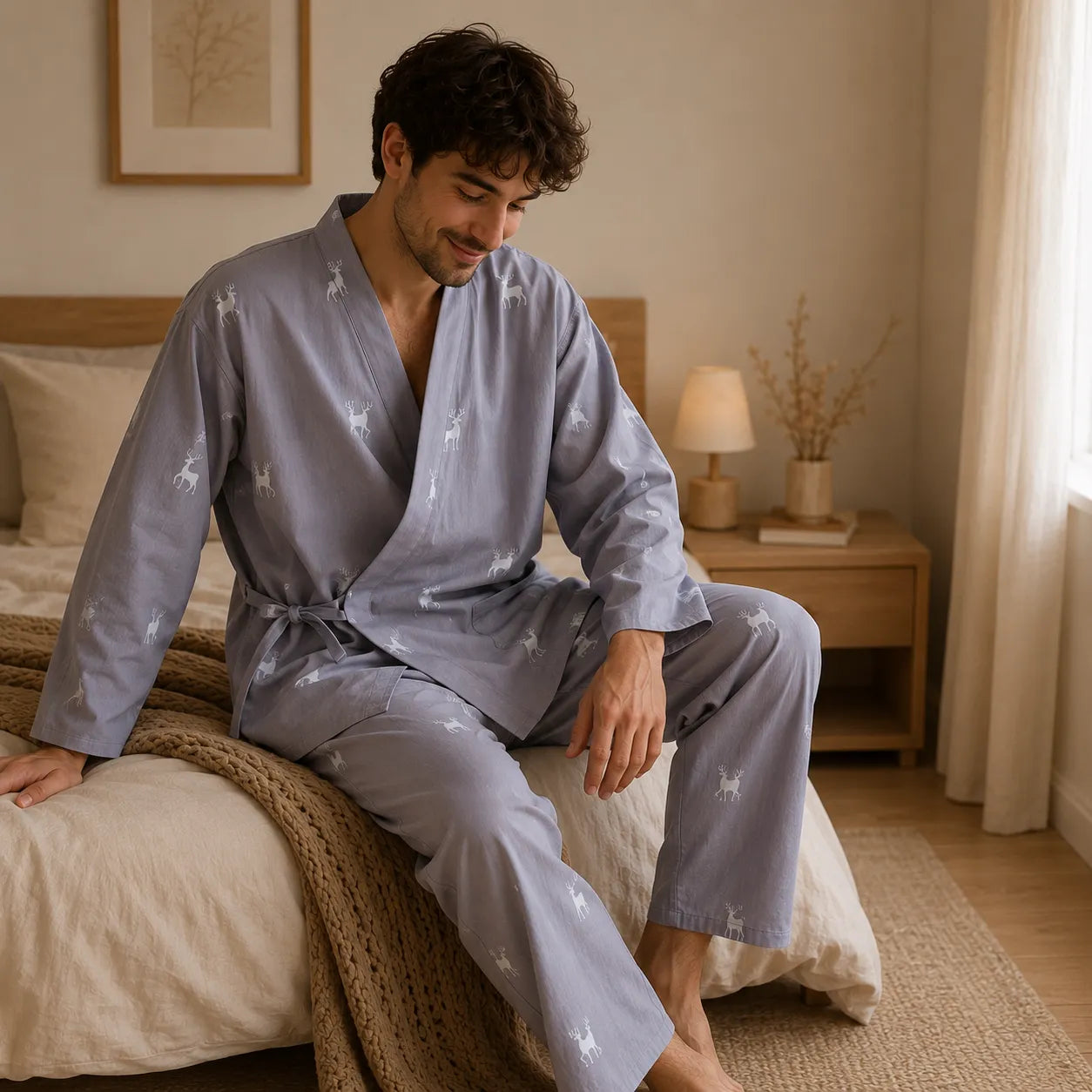 Pyjama Kimono Homme Bleu à Motif