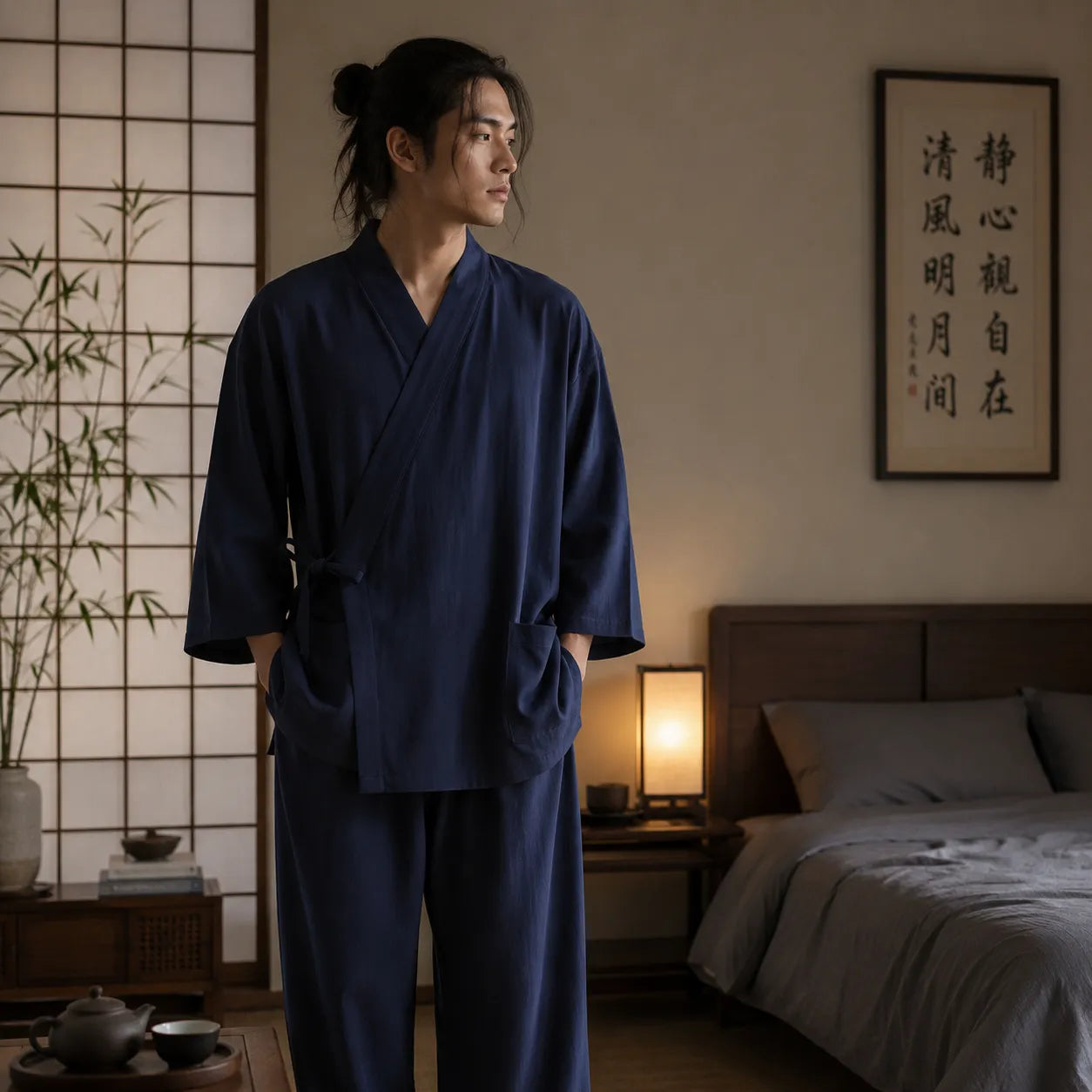 Pyjama Kimono Homme Bleu Épuré