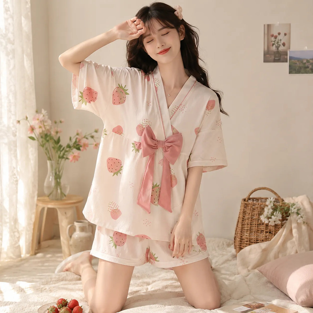 Pyjama Kimono d’Été Léger Fraise