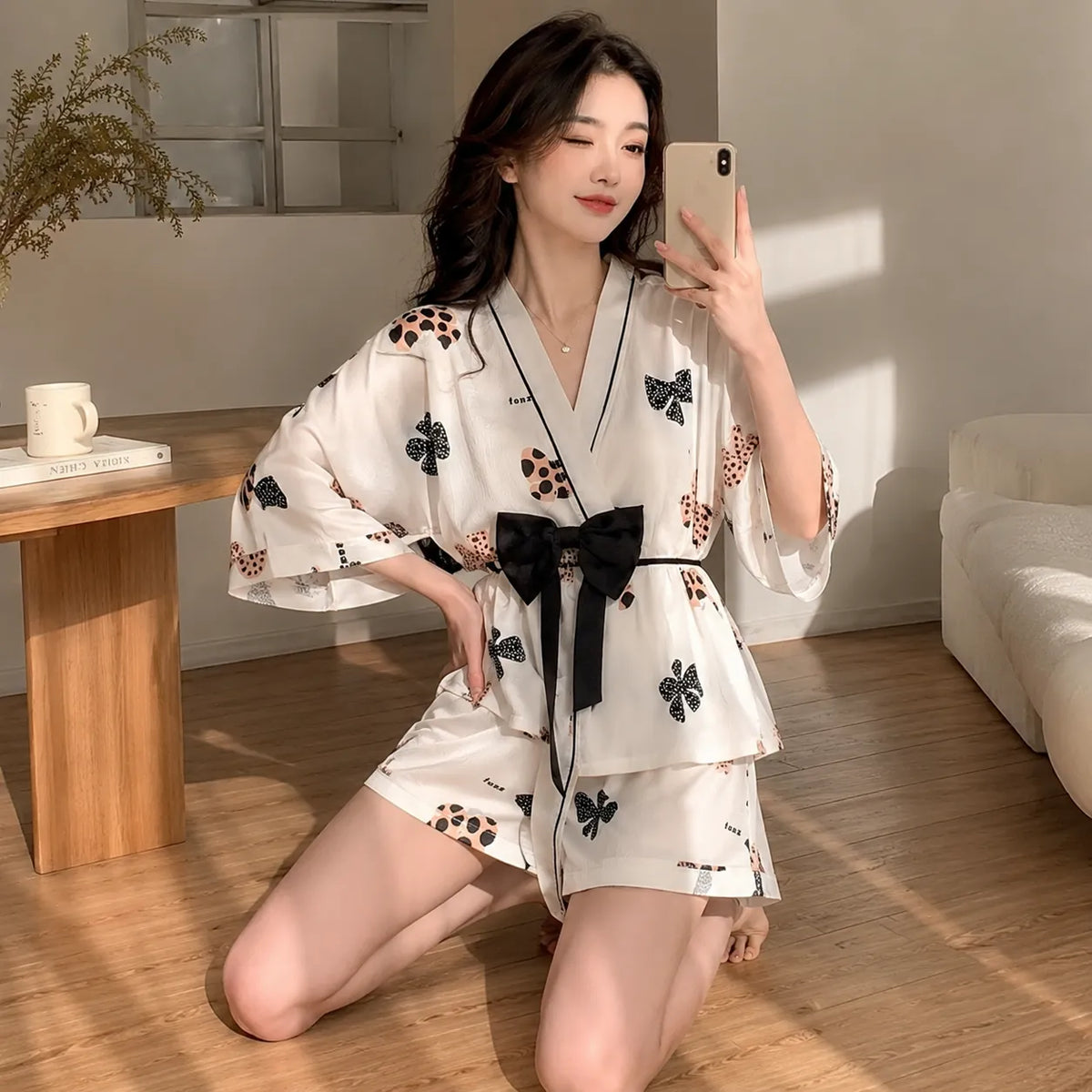 Pyjama Kimono d’Été à Nœud Noir