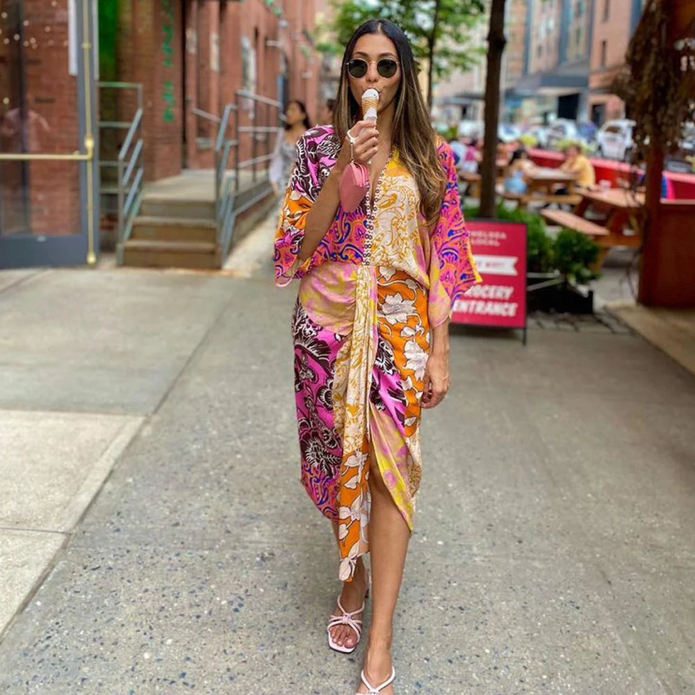 Robe Kimono Colorée à Fente