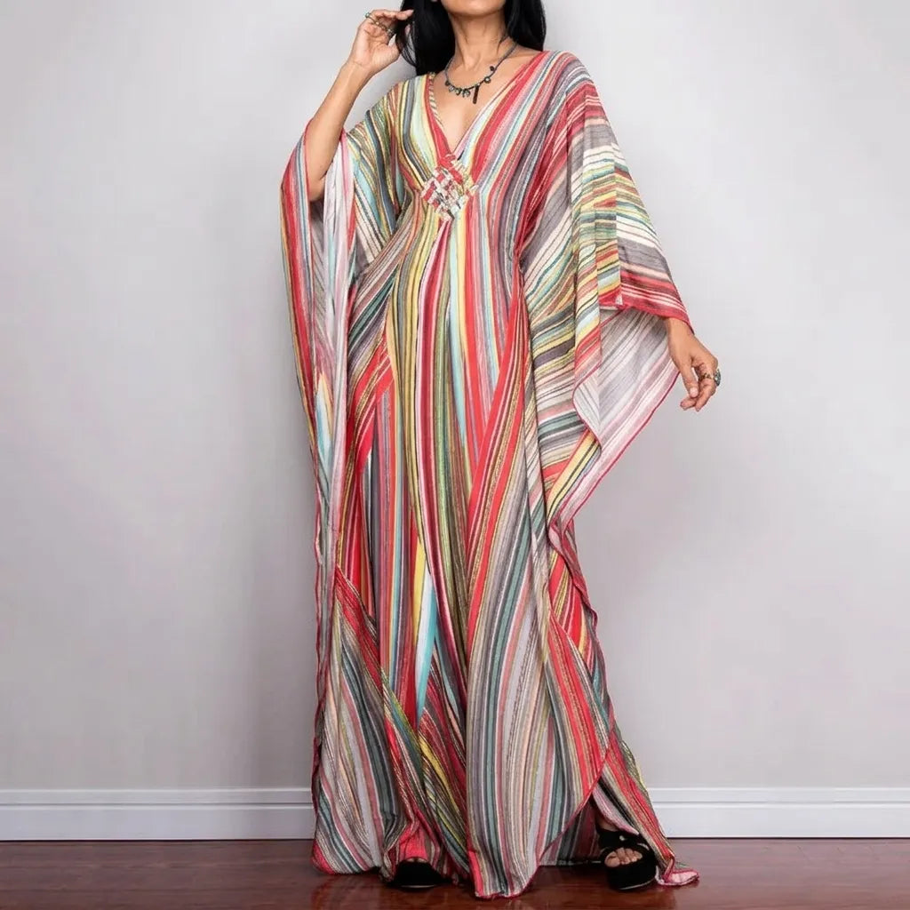 Robe Kimono Colorée à Rayures Multicolore