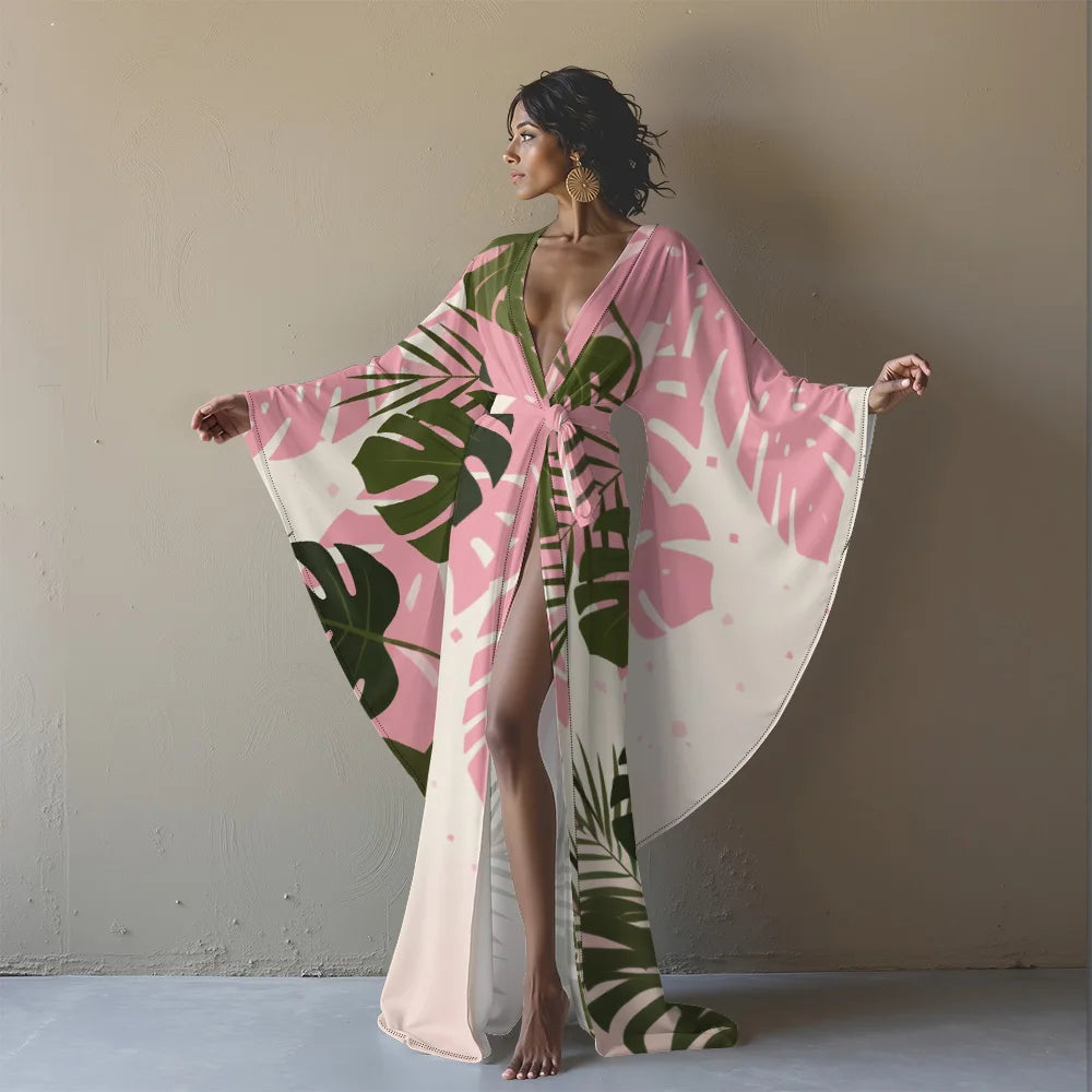 Robe Kimono Longue Élégante Col en V 