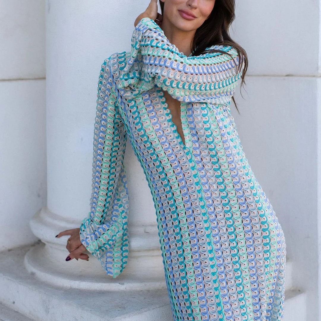 Robe Kimono Tricoté Bleue long