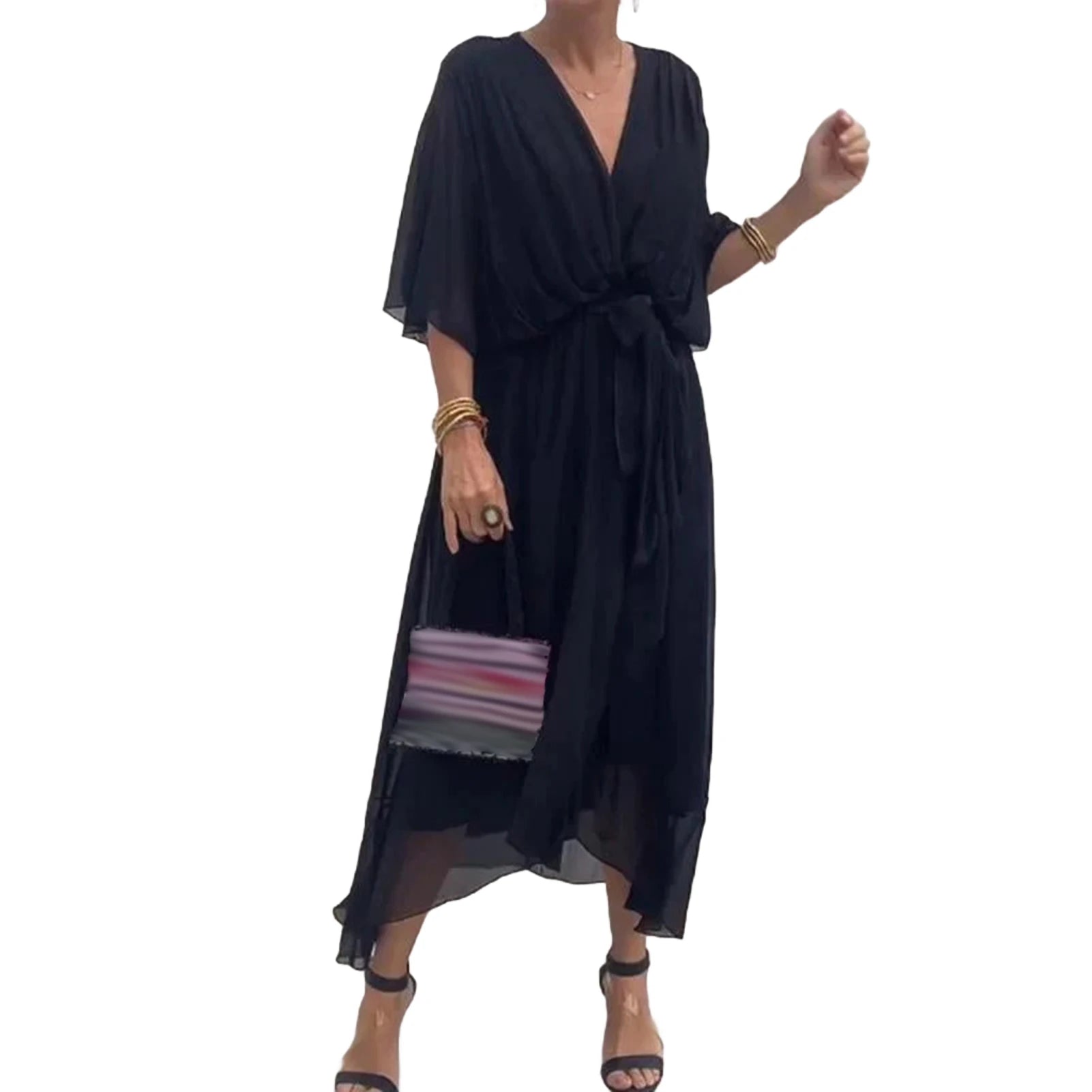 Robe Kimono Élégante à Volants col en V

