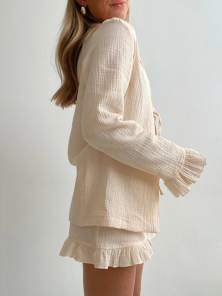 Kimono Pyjama Short à Froufrous manche longue