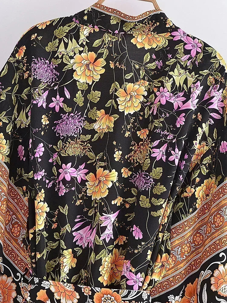 Kimono Bohème Femme Noir Floral spécial