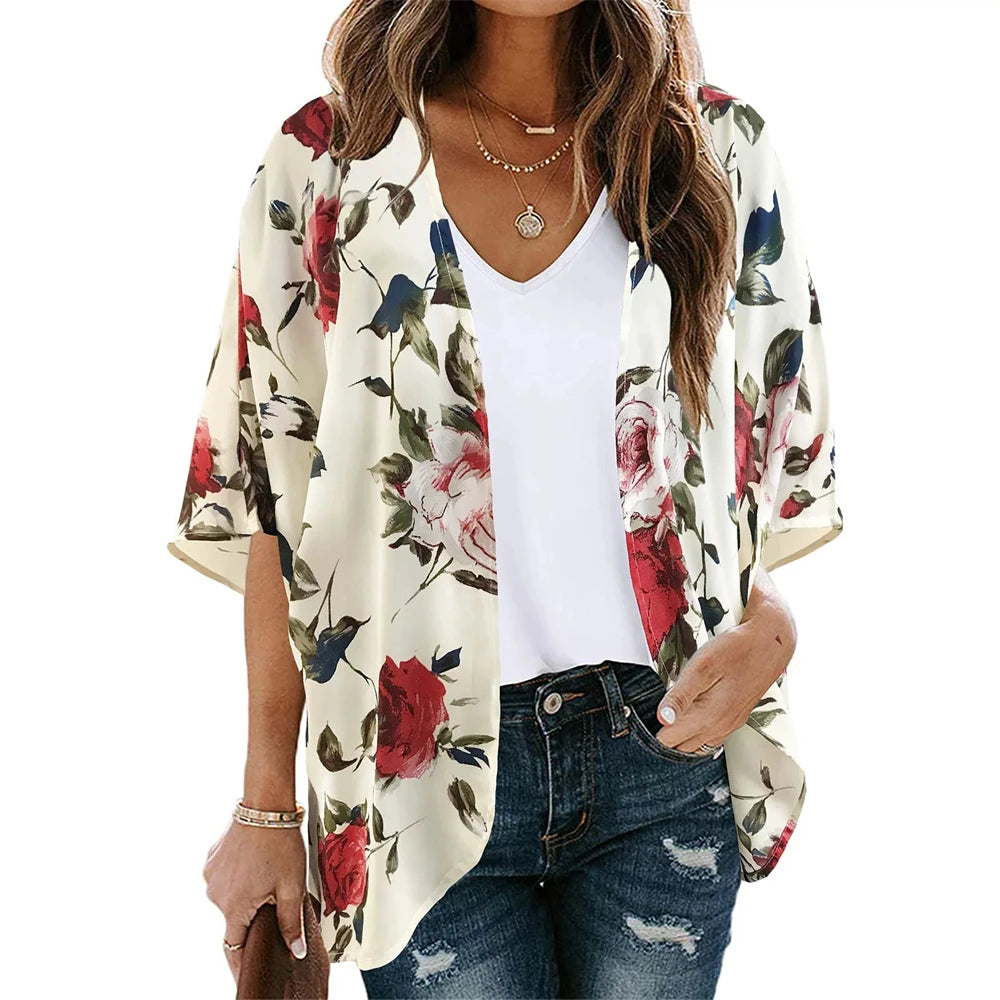 Veste Kimono à Motifs Fleurs Rose