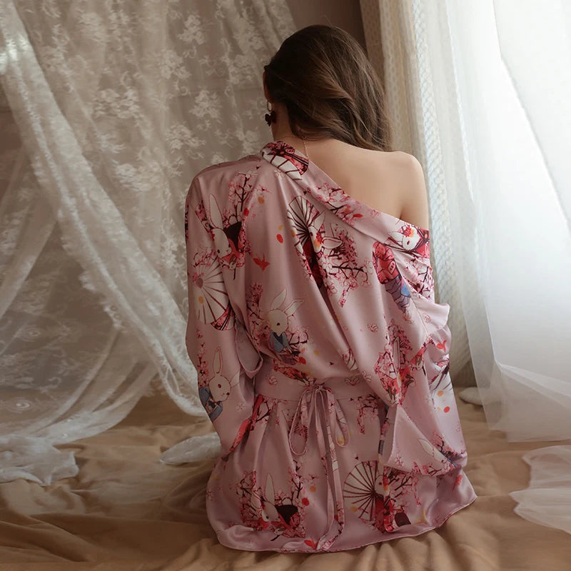 Peignoir Kimono Rose Sexy Femme imprimé